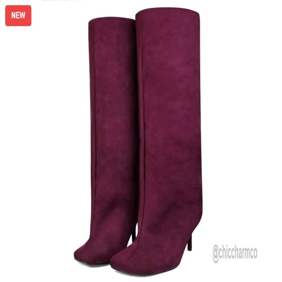 Wide Calf Knee High Suede Boots Square Toe Slouchy Fashion Booties